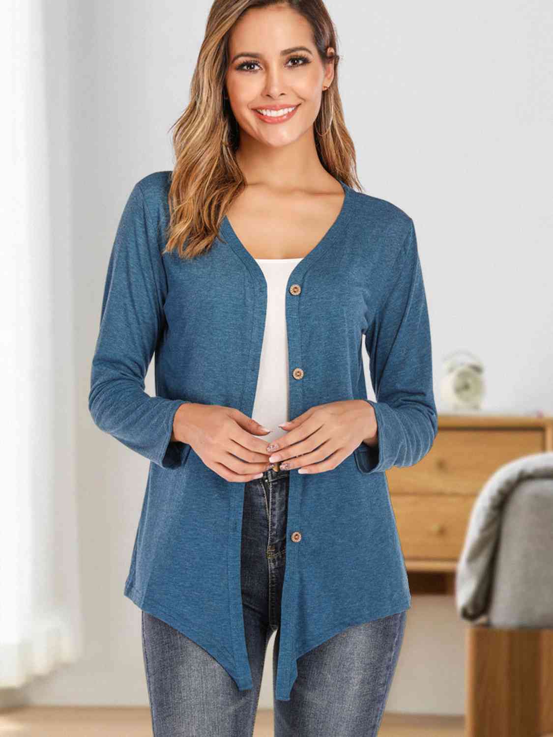 Button Up V-Neck Long Sleeve Cardigan - By Baano