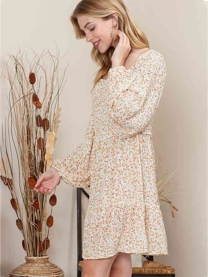 Printed Square Neck Long Sleeve Smocked Dress - By Baano