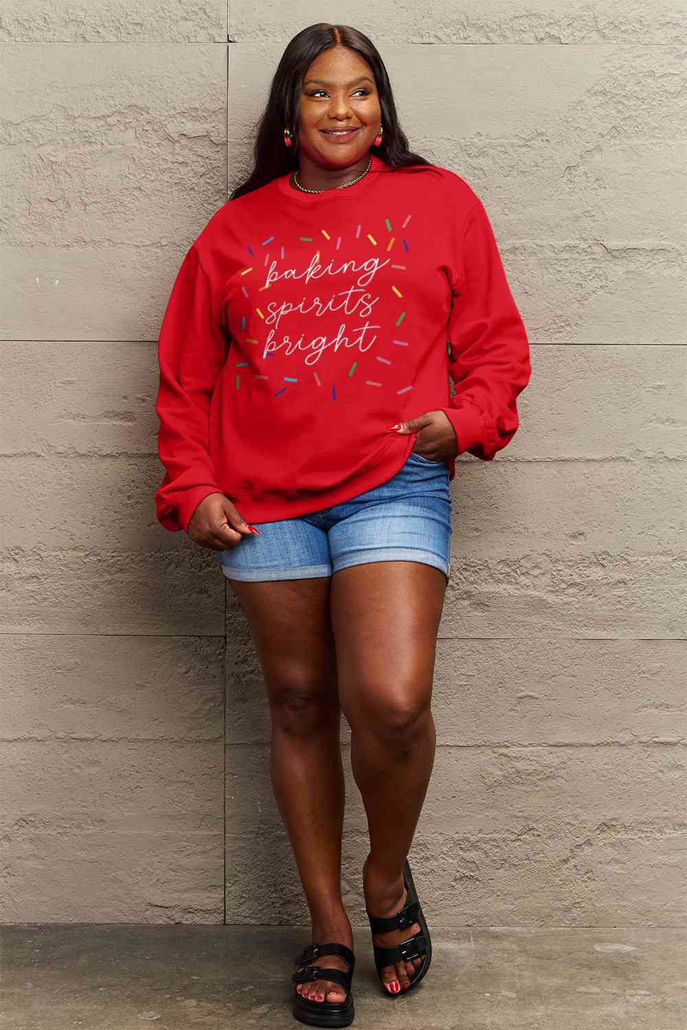 Simply Love Full Size Letter Graphic Round Neck Long Sleeve Sweatshirt - By Baano