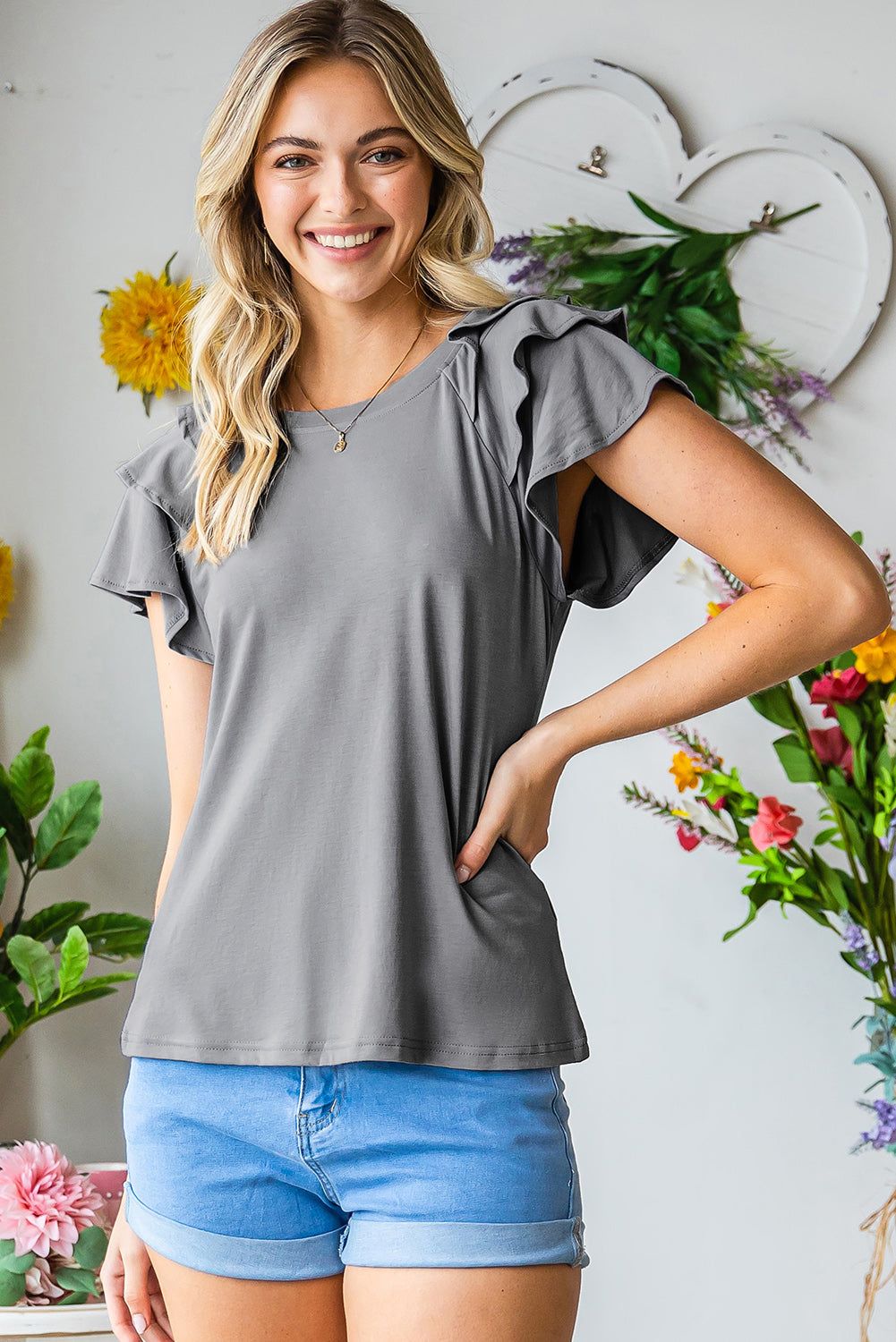 Layered Flutter Sleeve Round Neck Top - By Baano