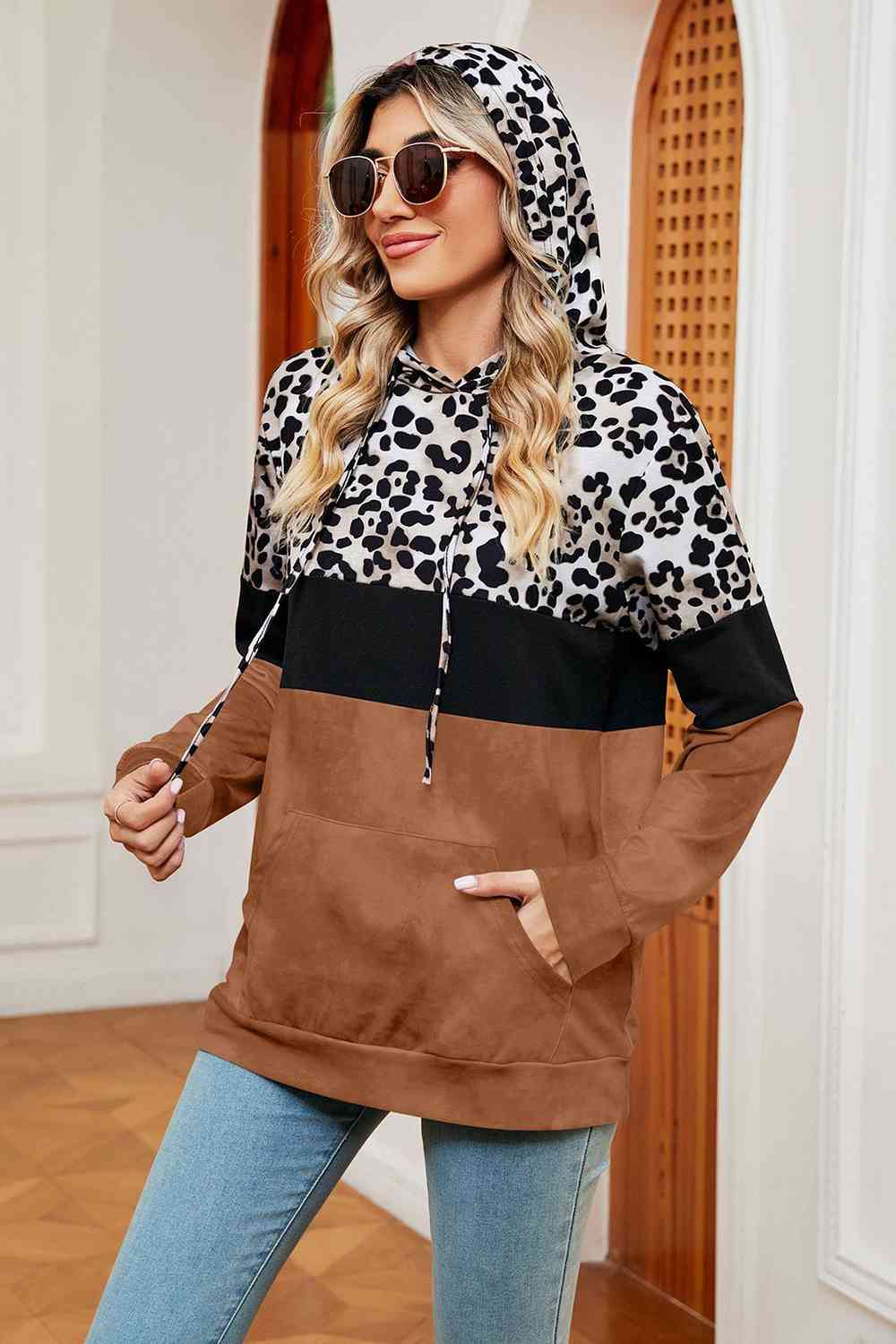 Leopard Drawstring Hoodie with Pocket - By Baano