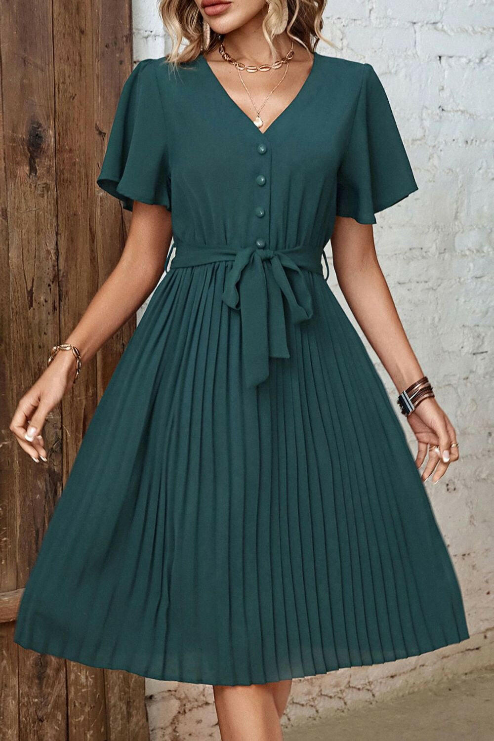Buttoned V-Neck Flutter Sleeve Pleated Dress - By Baano