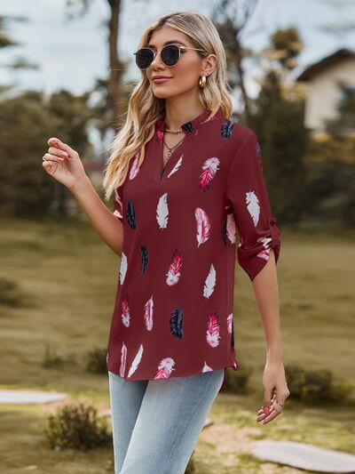 Printed Frill Notched Roll-Tab Sleeve Blouse