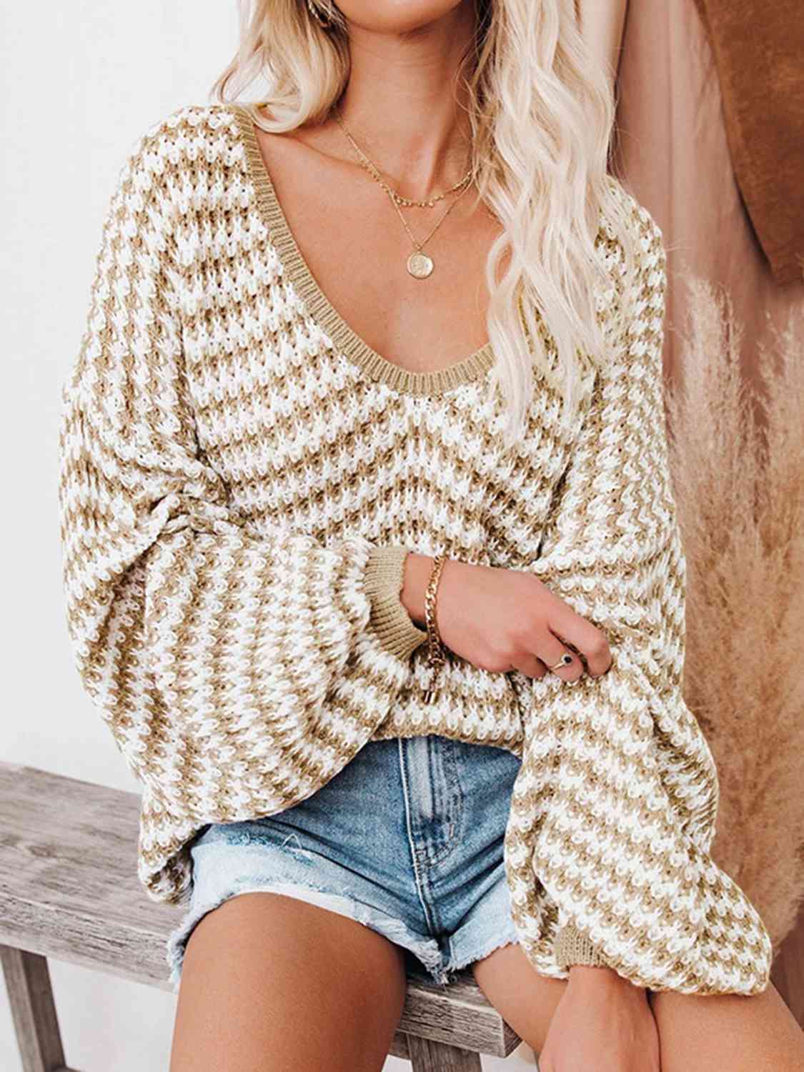 Striped Drop Shoulder V-Neck Sweater - By Baano