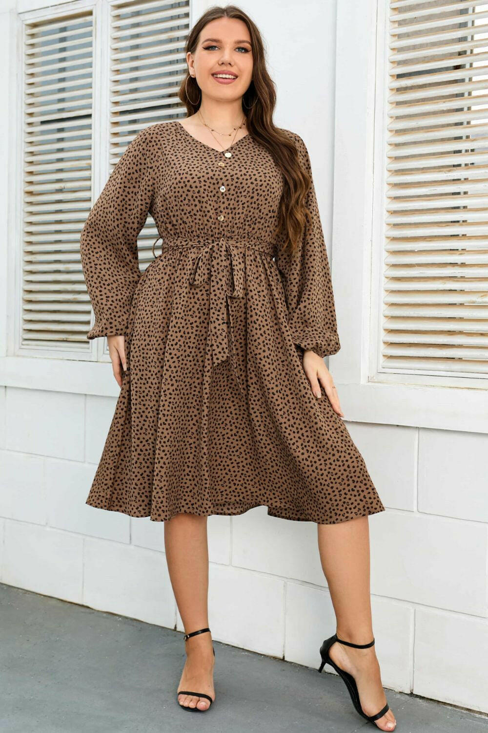 Plus Size Printed V-Neck Balloon Sleeve Tie Waist Dress - By Baano