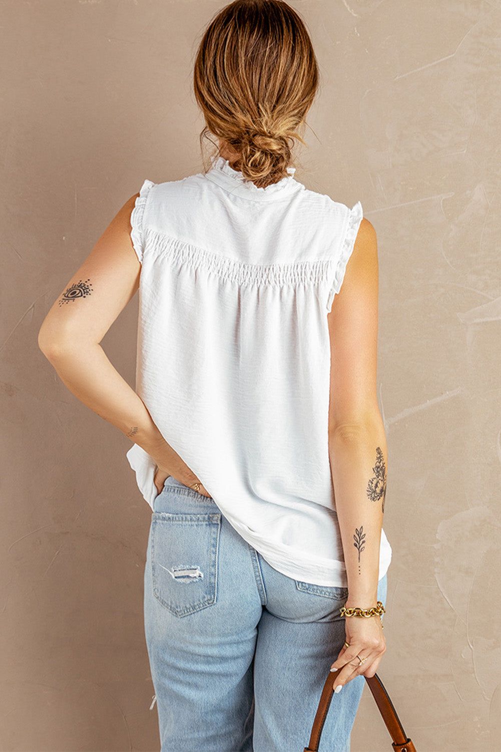 Buttoned Frill Trim Smocked Sleeveless Blouse - By Baano