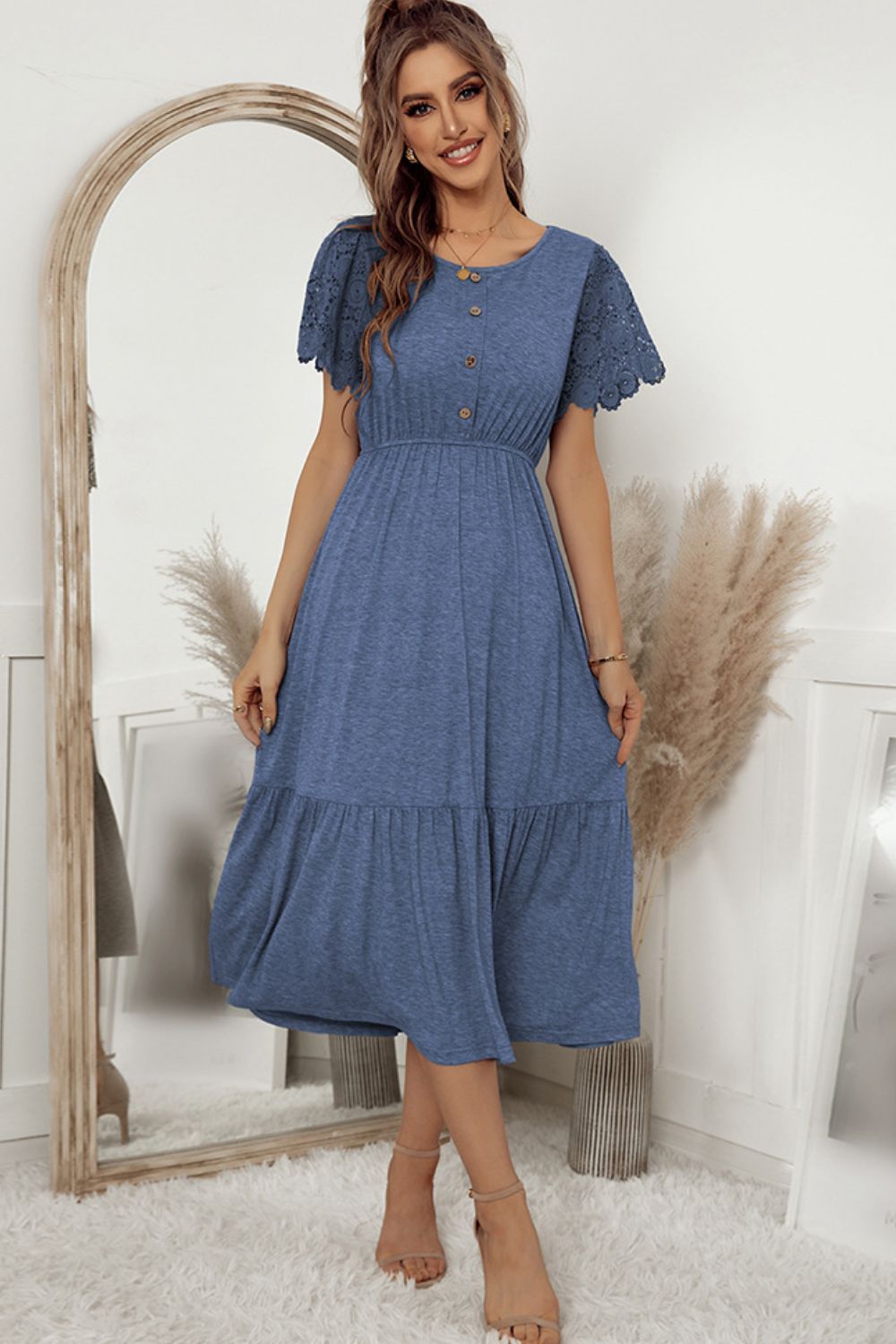 Decorative Button Round Neck Lace Sleeve Dress - By Baano