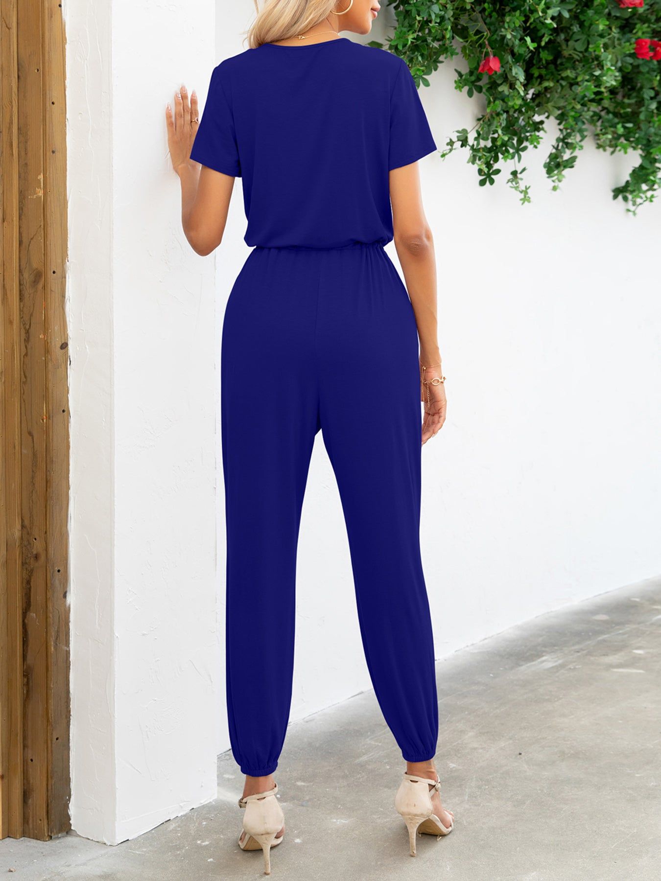 Short Sleeve V-Neck Jumpsuit with Pockets.