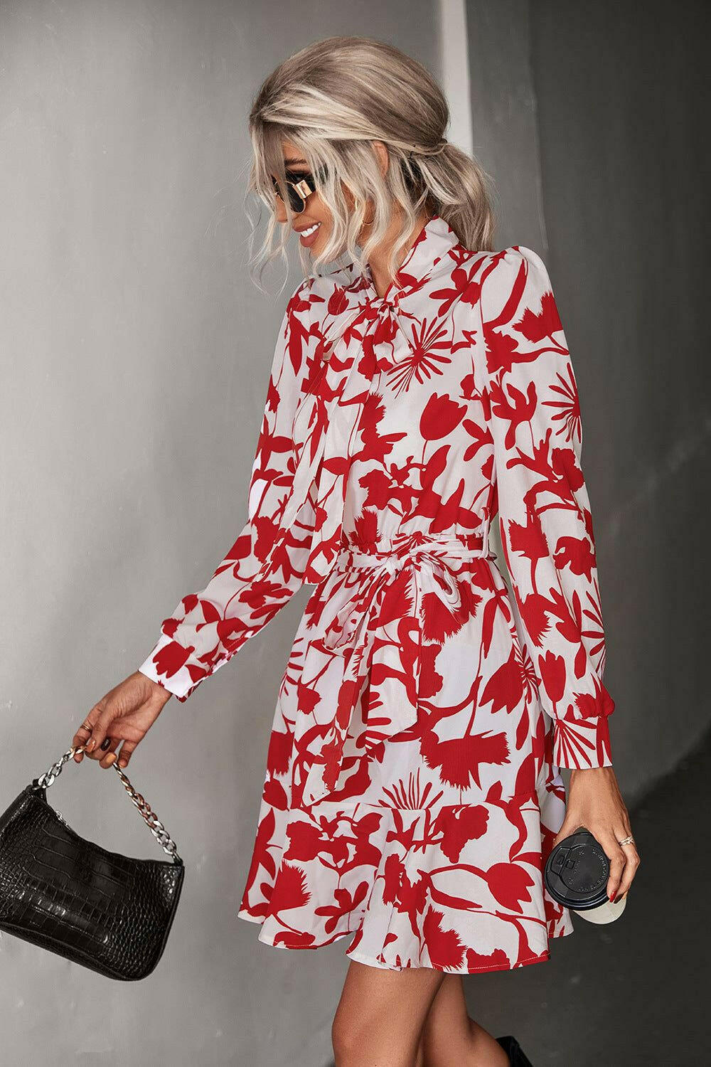 Floral Tie Neck Belted Puff Sleeve Dress - By Baano