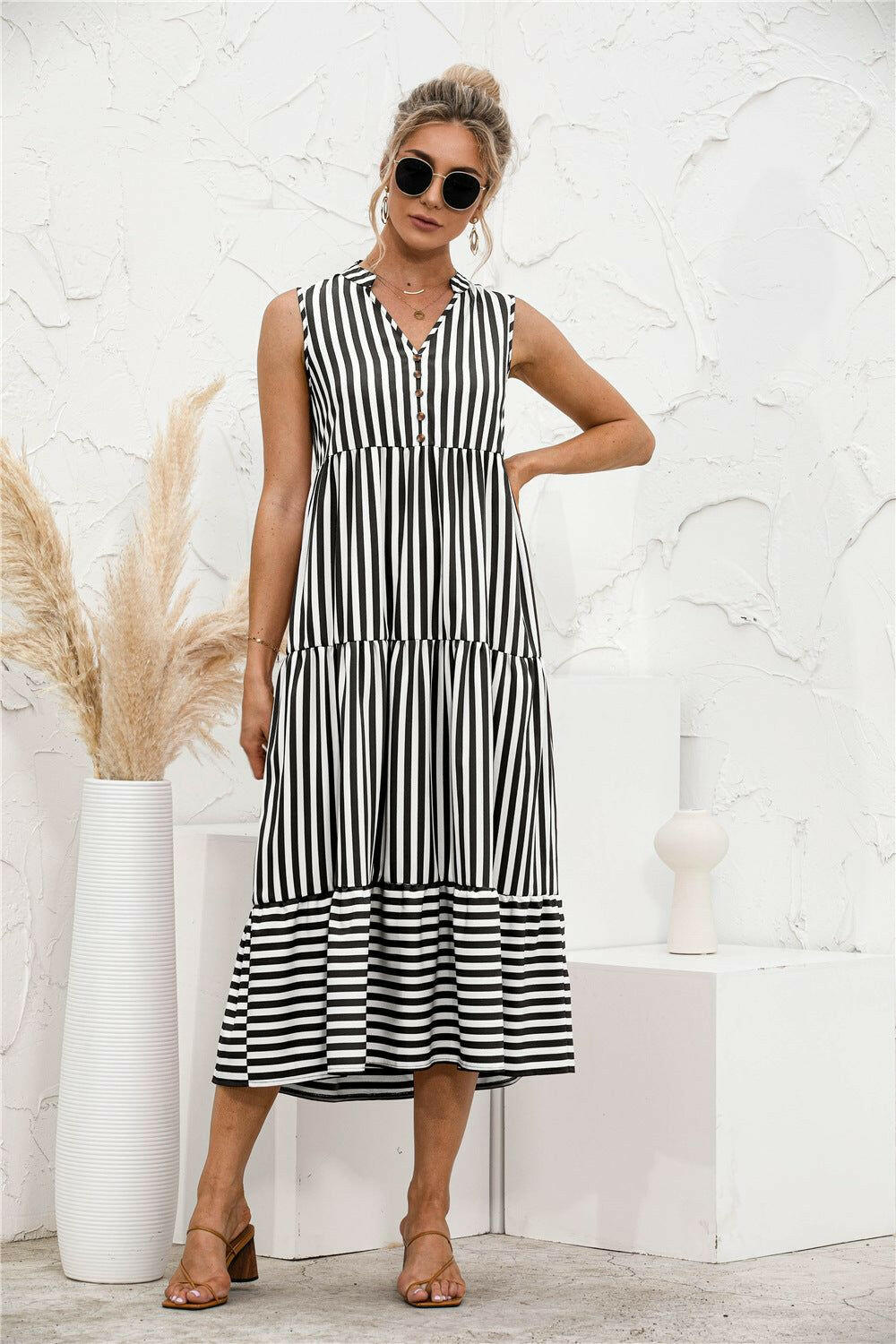 Striped Tiered Sleeveless Swing Dress - By Baano