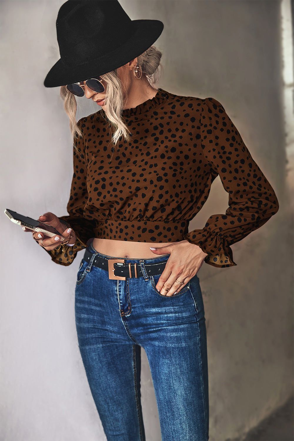 Animal Print Tie-Back Cropped Blouse - By Baano