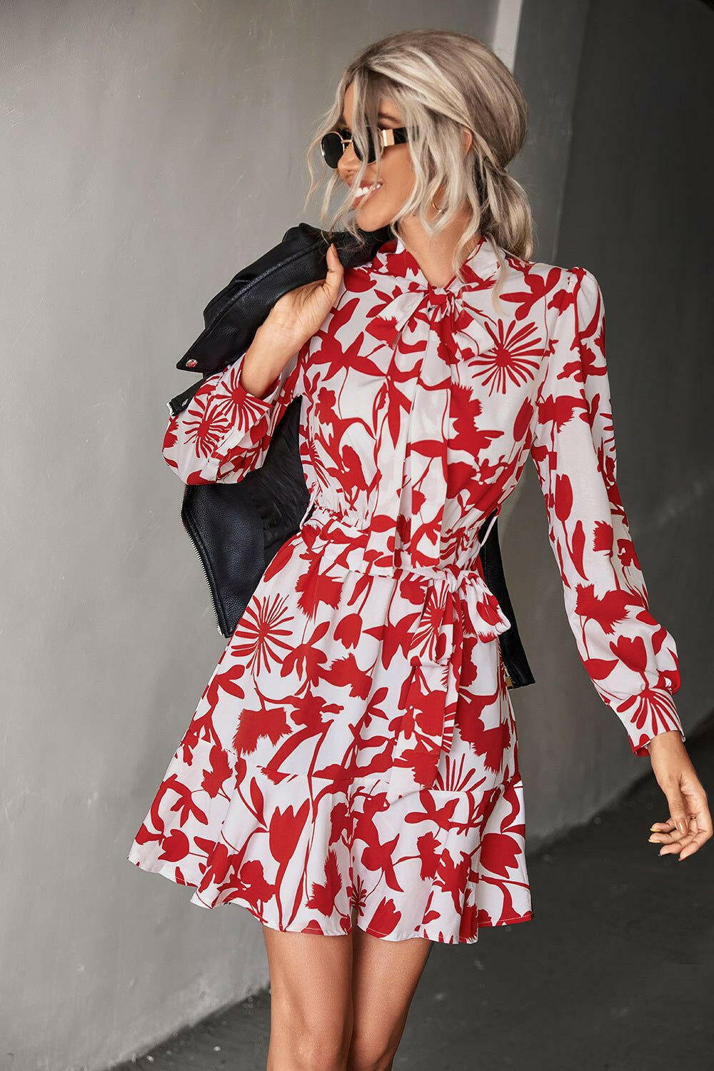 Floral Tie Neck Belted Puff Sleeve Dress - By Baano