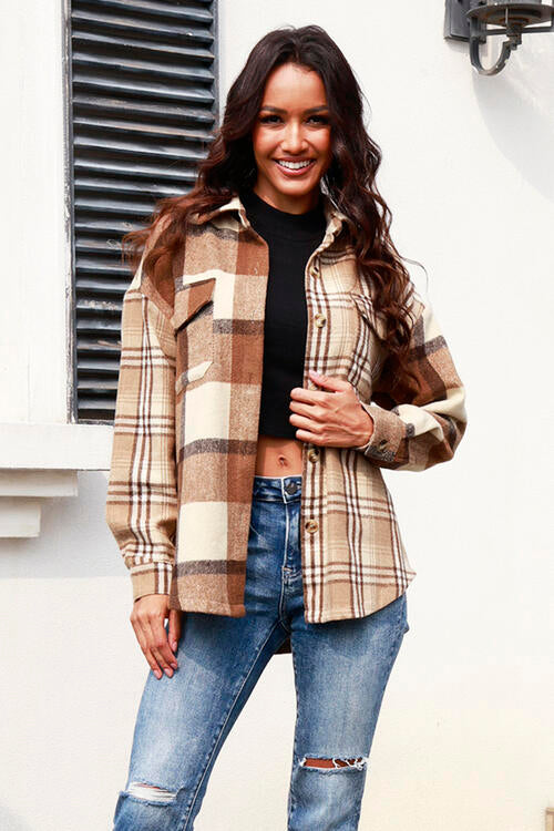 Plaid Button Up Collared Neck Long Sleeve Shacket - By Baano
