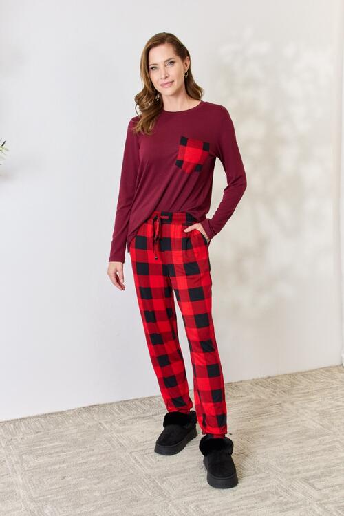 Zenana Full Size Plaid Round Neck Top and Pants Pajama Set - By Baano