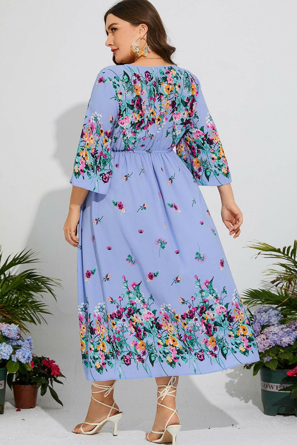 Plus Size Floral V-Neck Three-Quarter Sleeve Midi Dress - By Baano