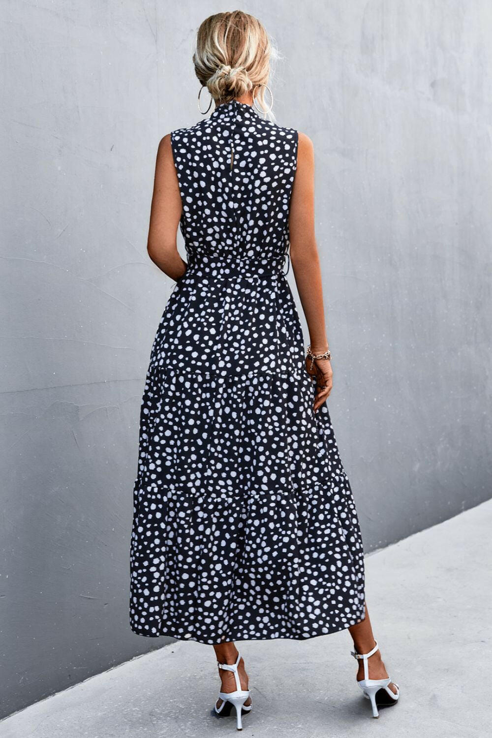 Printed Mock Neck Sleeveless Belted Tiered Dress.