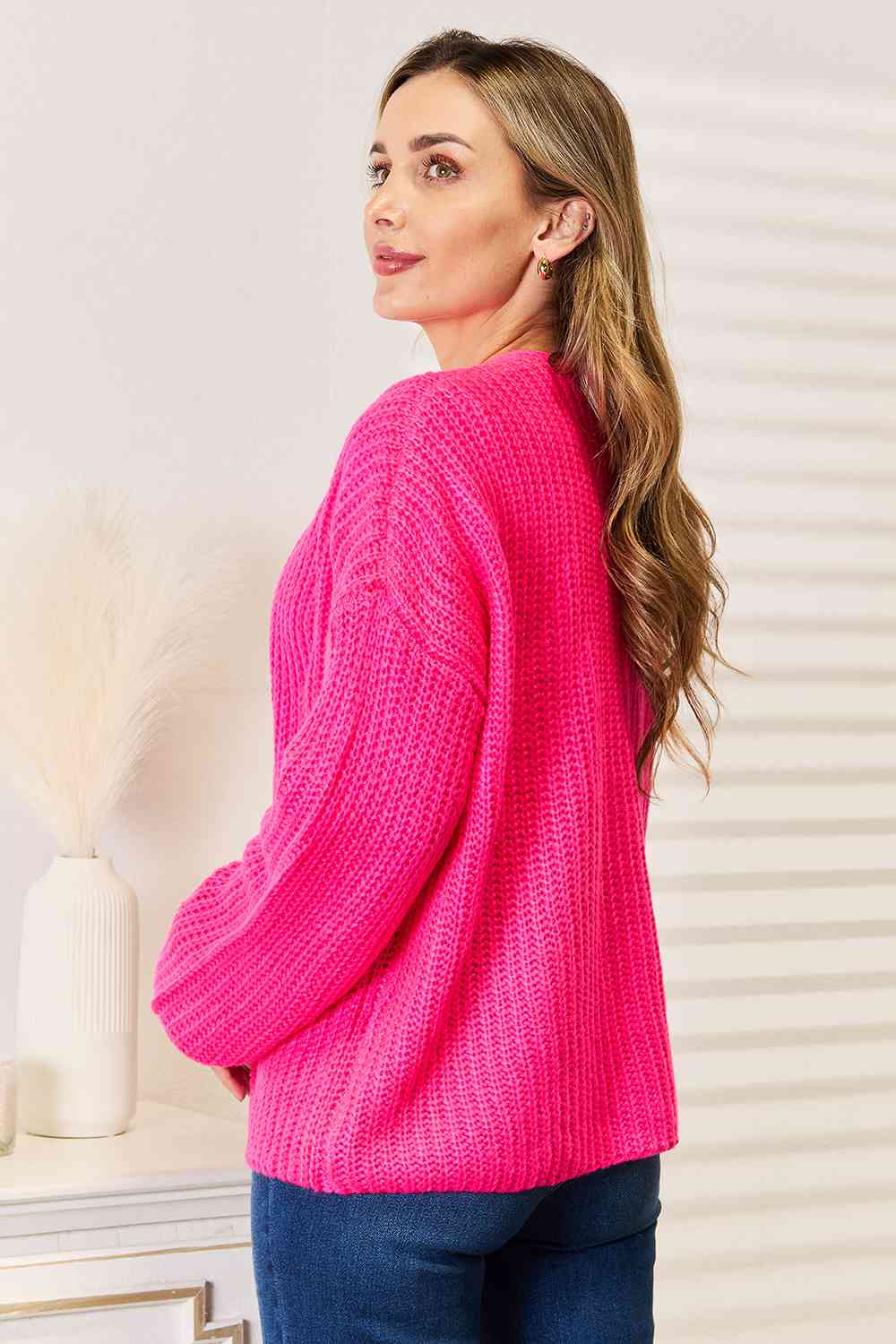 Woven Right Rib-Knit Open Front Drop Shoulder Cardigan - By Baano
