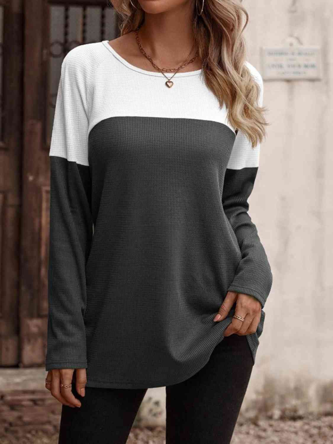 Contrast Round Neck Long Sleeve T-Shirt - By Baano