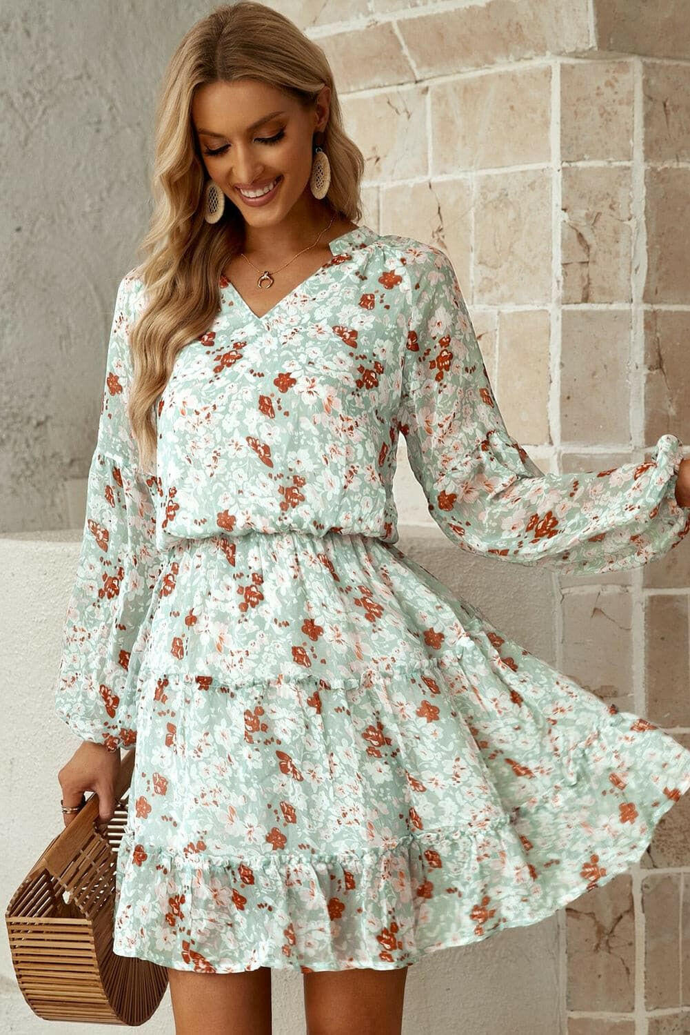 Floral Frill Trim Puff Sleeve Notched Neck Dress - By Baano