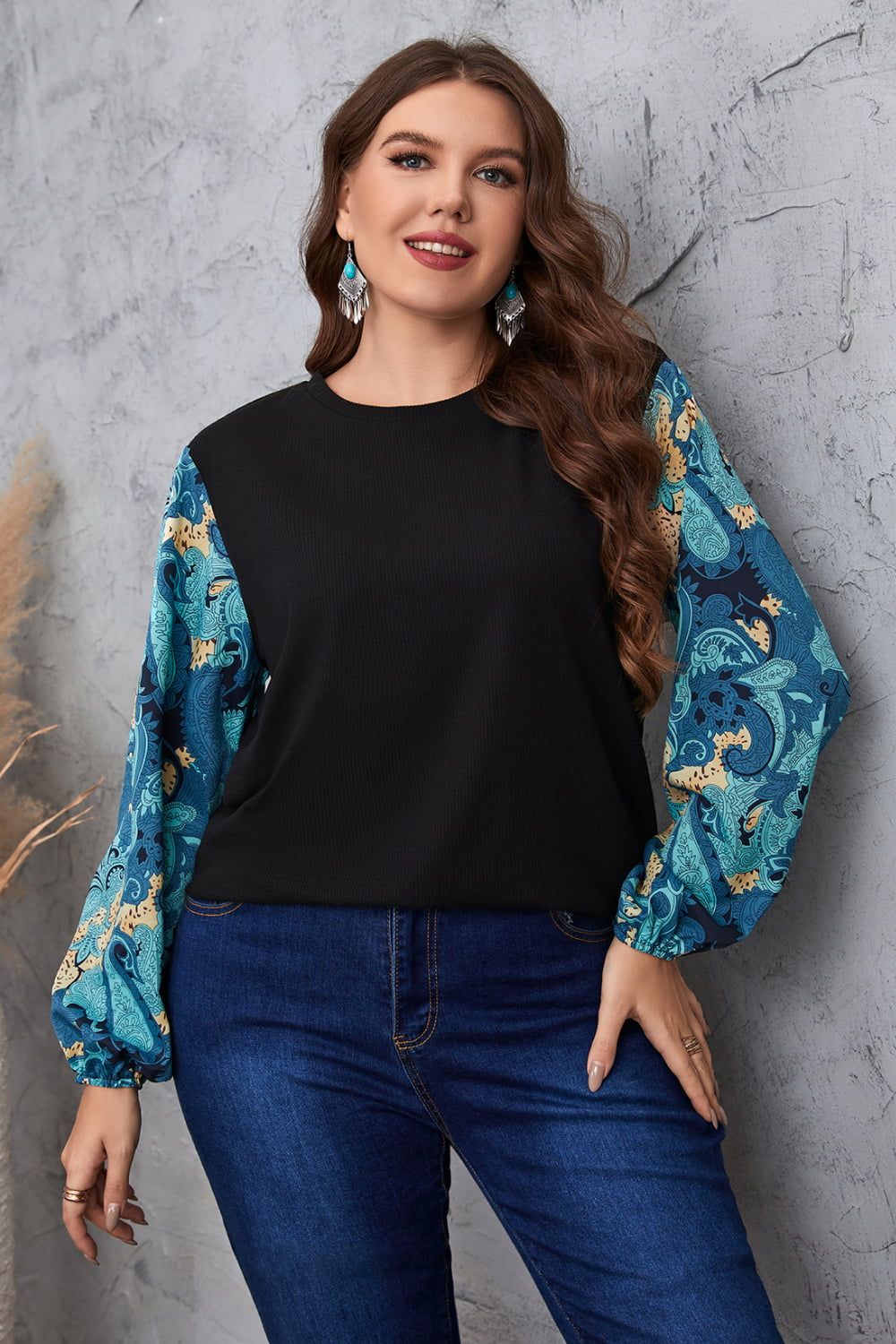 Melo Apparel Plus Size Printed Sleeve Round Neck Blouse.