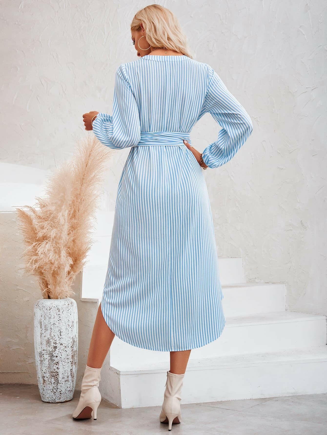 Striped Notched Neck Curved Hem Long Sleeve Dress - By Baano