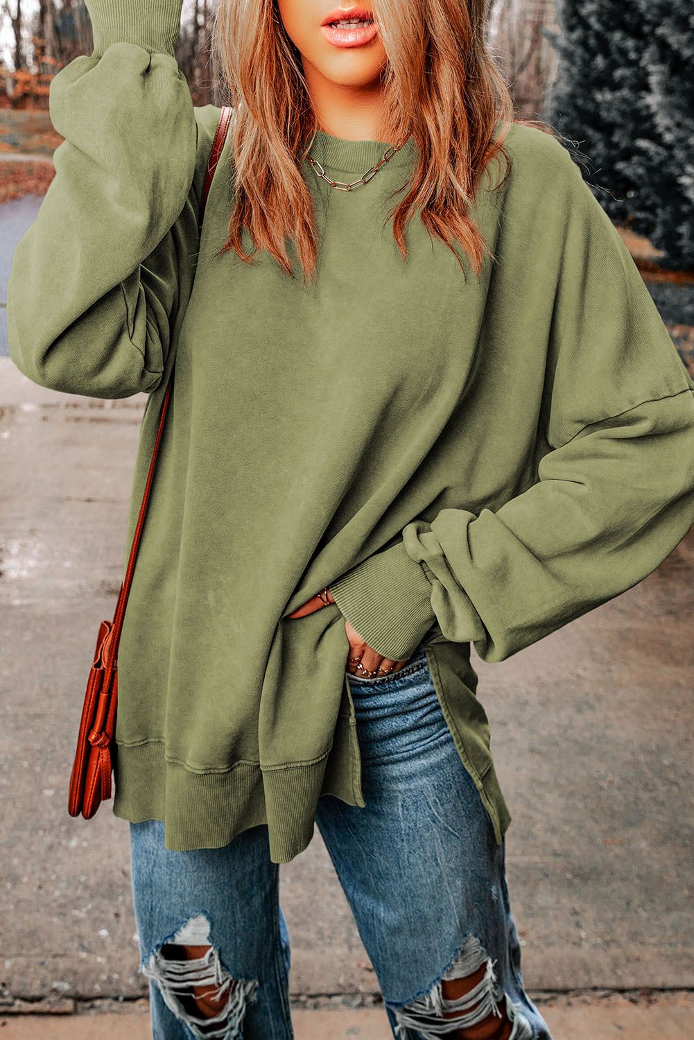Dropped Shoulder Round Neck Long Sleeve Blouse.