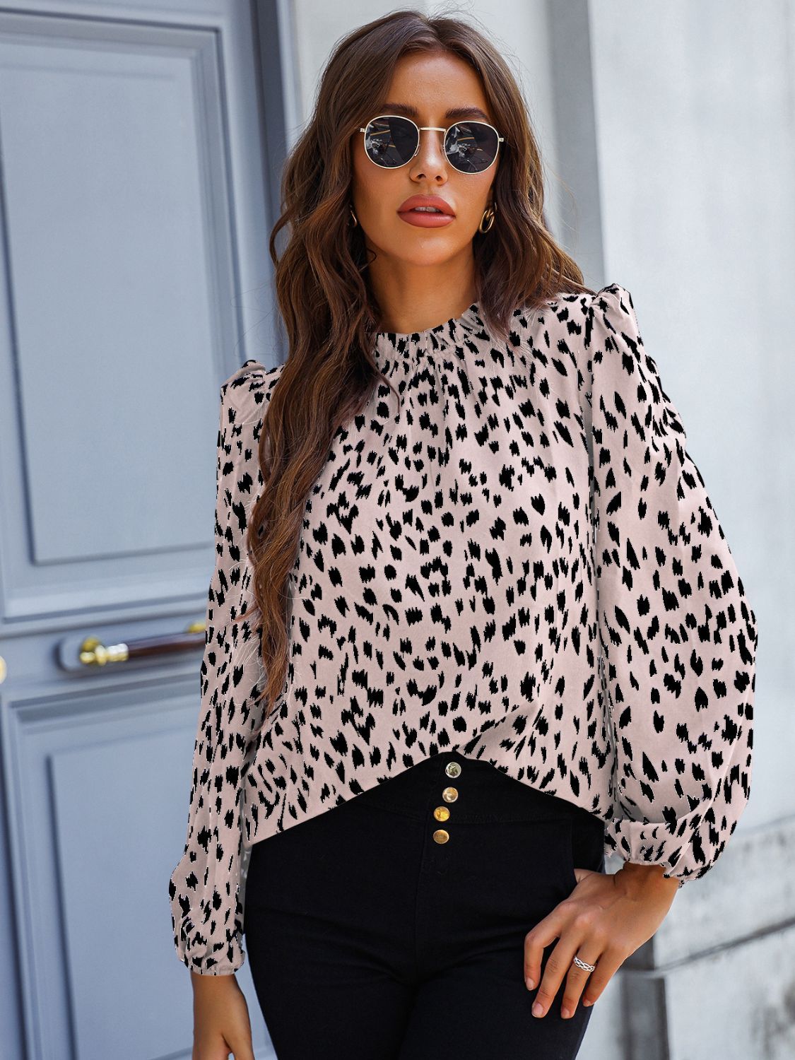 Printed Mock Neck Puff Sleeve Blouse.