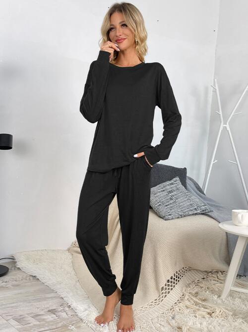 Round Neck Top and Drawstring Pants Lounge Set - By Baano