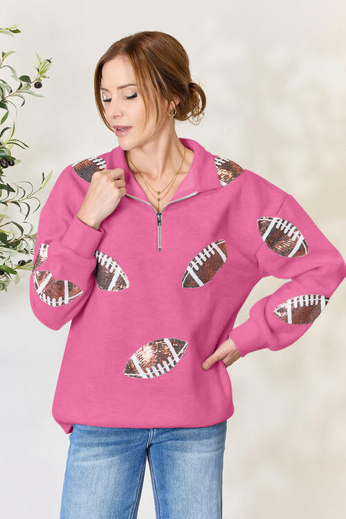 Double Take Full Size Sequin Football Half Zip Long Sleeve Sweatshirt - By Baano