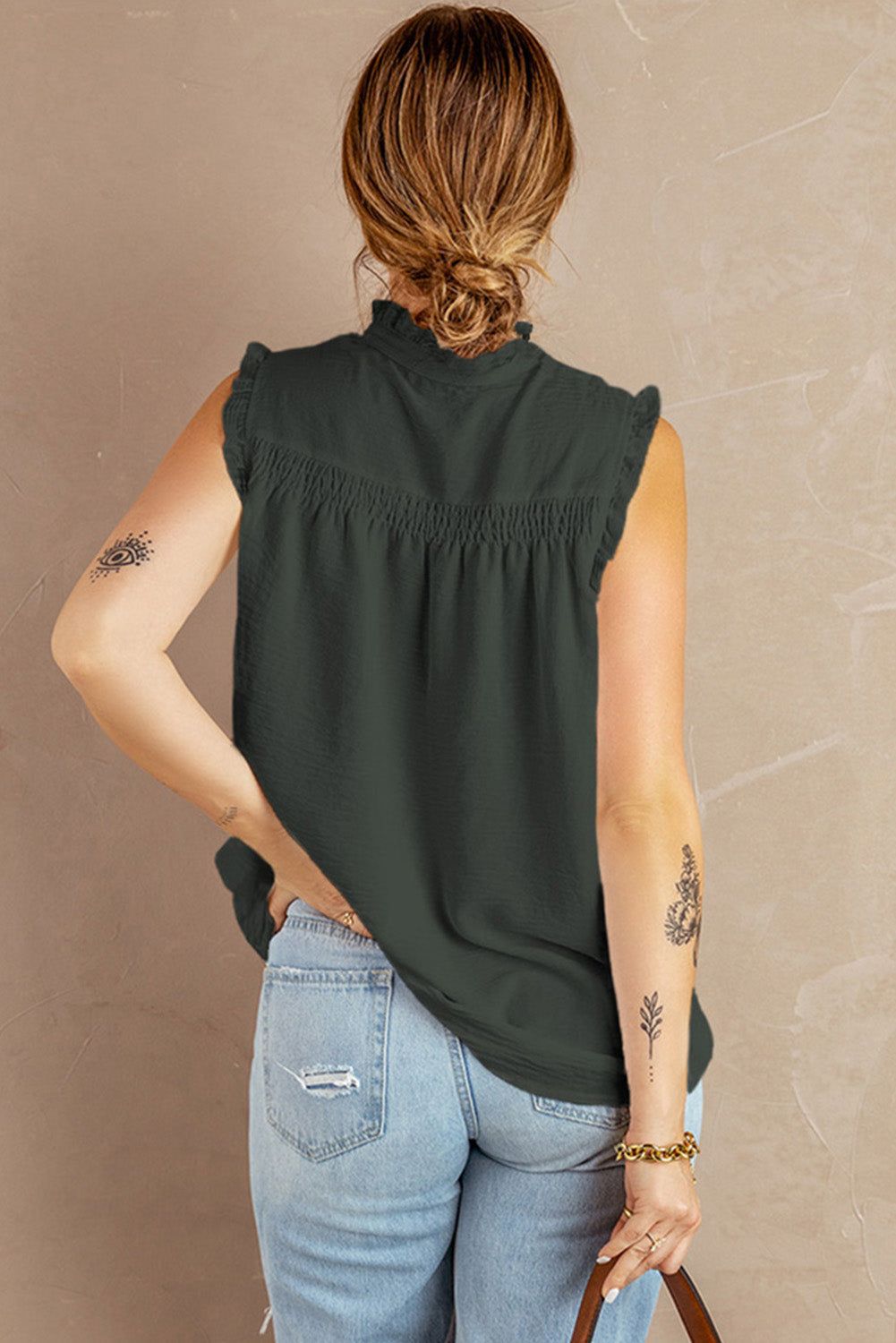 Buttoned Frill Trim Smocked Sleeveless Blouse - By Baano