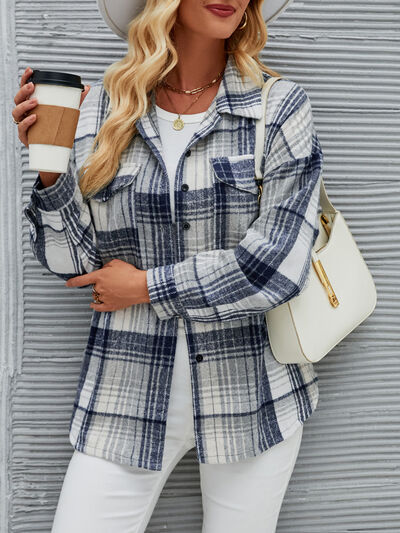 Plaid Pocketed Button Up Dropped Shoulder Jacket