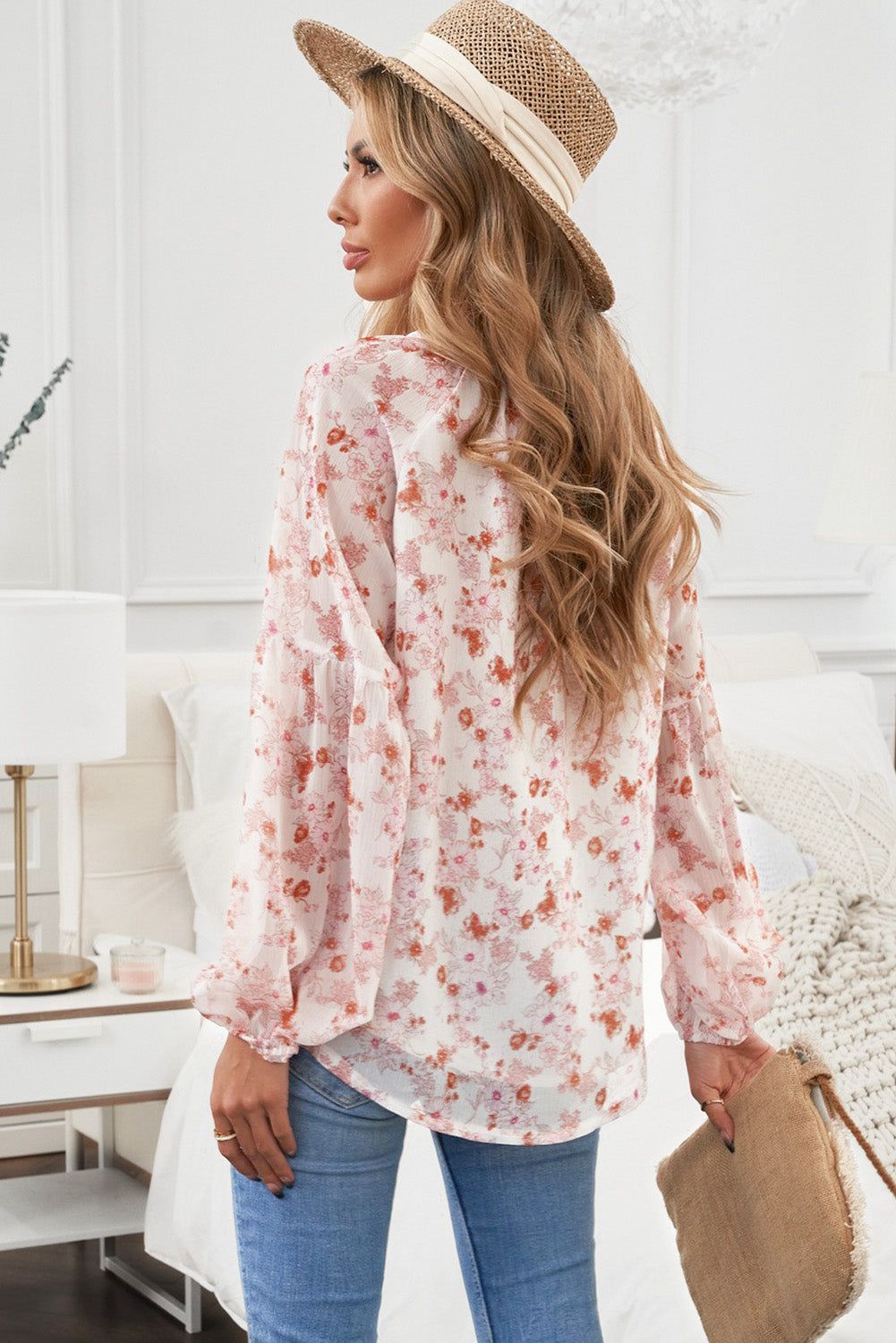 Floral Balloon Sleeve Notched Neck Blouse - By Baano