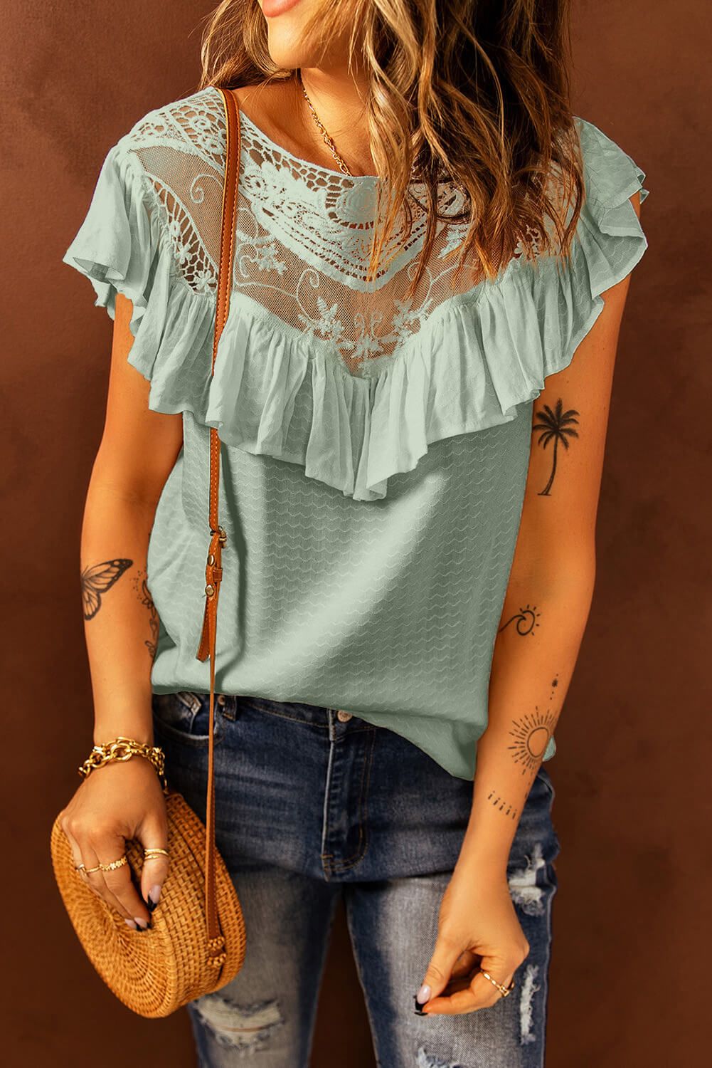 Lace Ruffled Short Sleeve T-Shirt - By Baano