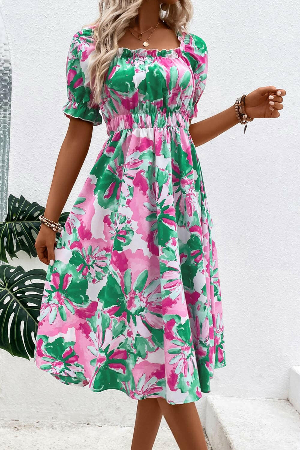Floral Frill Trim Square Neck Dress - By Baano