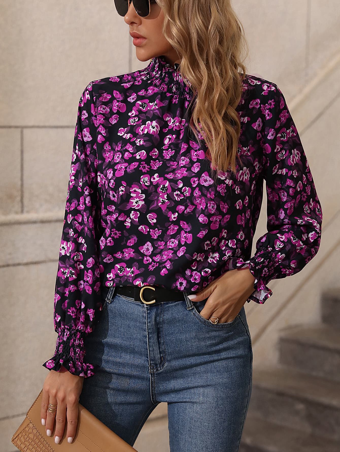 Floral Smocked Frill Neck Blouse - By Baano