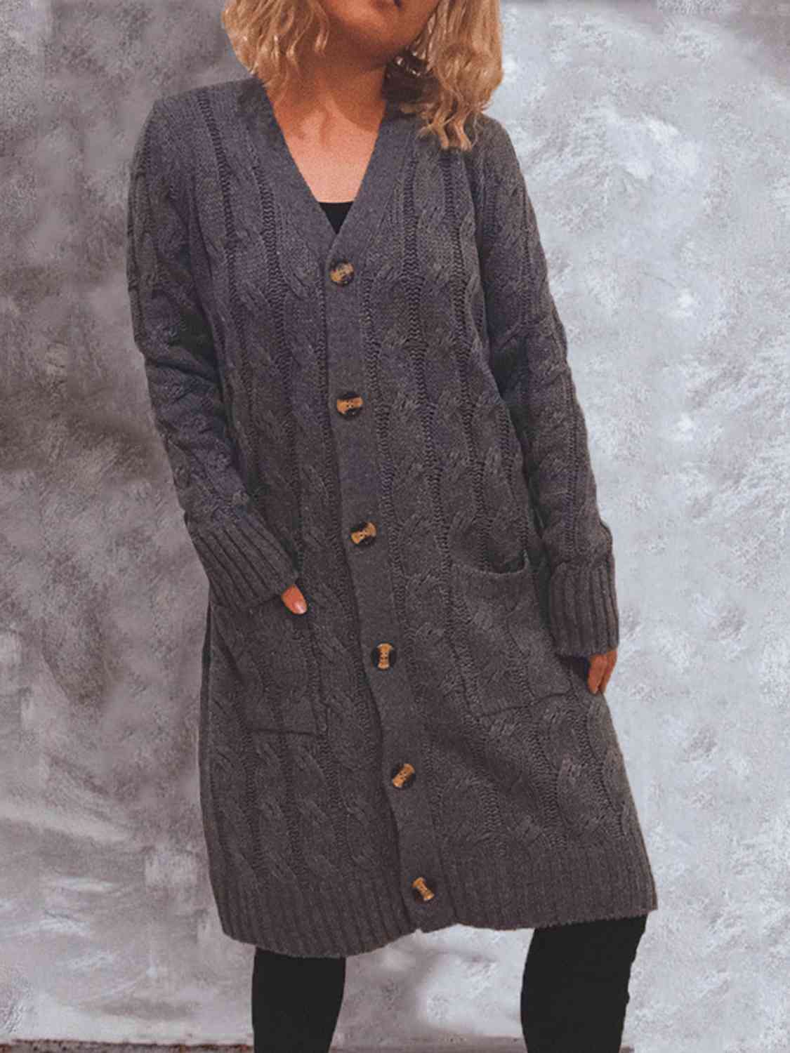 Button Up Cable-Knit Cardigan with Pockets - By Baano
