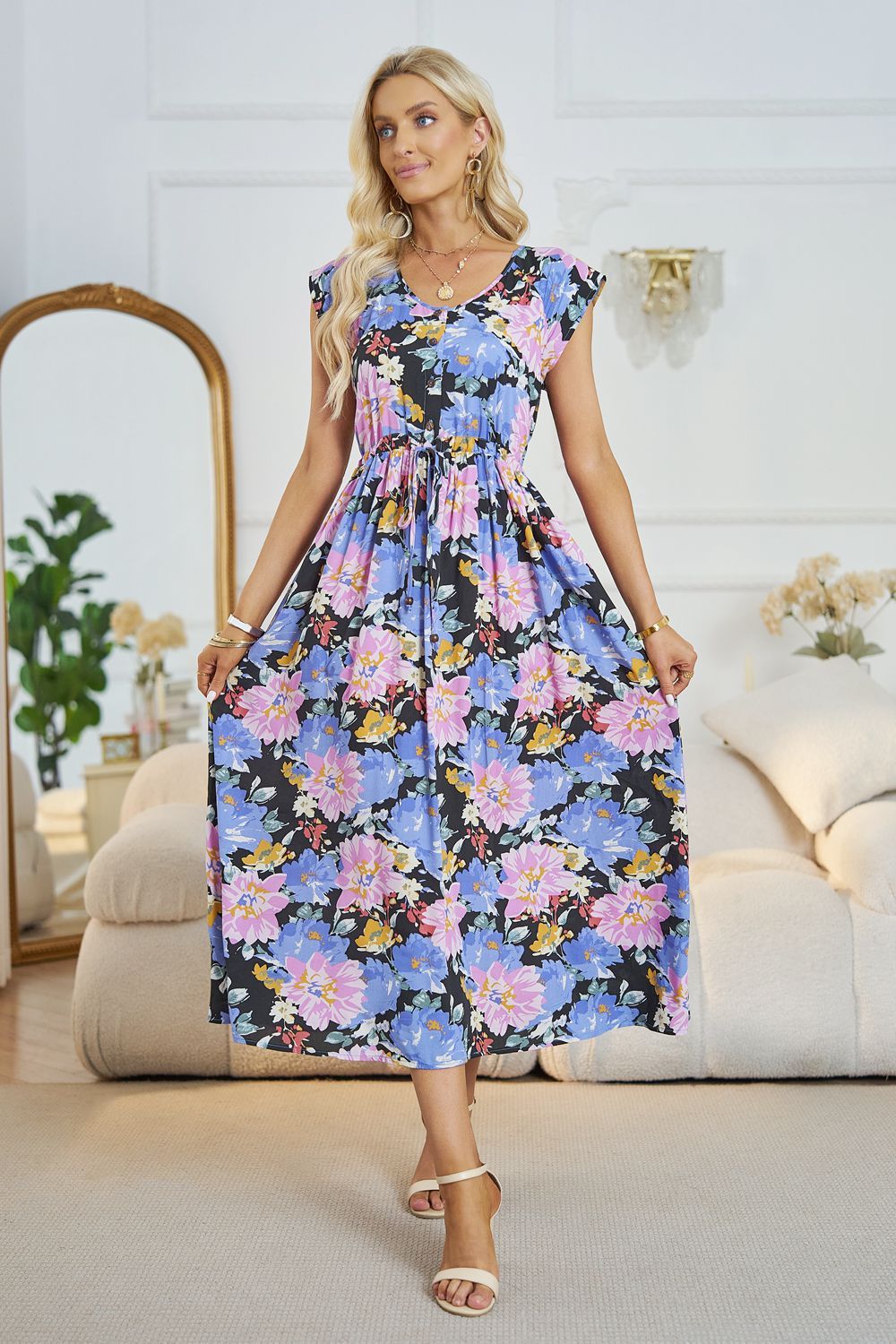 Floral V-Neck A-Line Midi Dress - By Baano