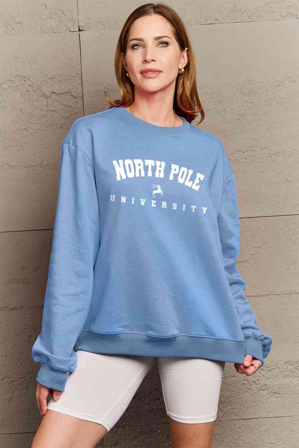 Simply Love Full Size NORTH POLE UNIVERSITY Graphic Sweatshirt - By Baano