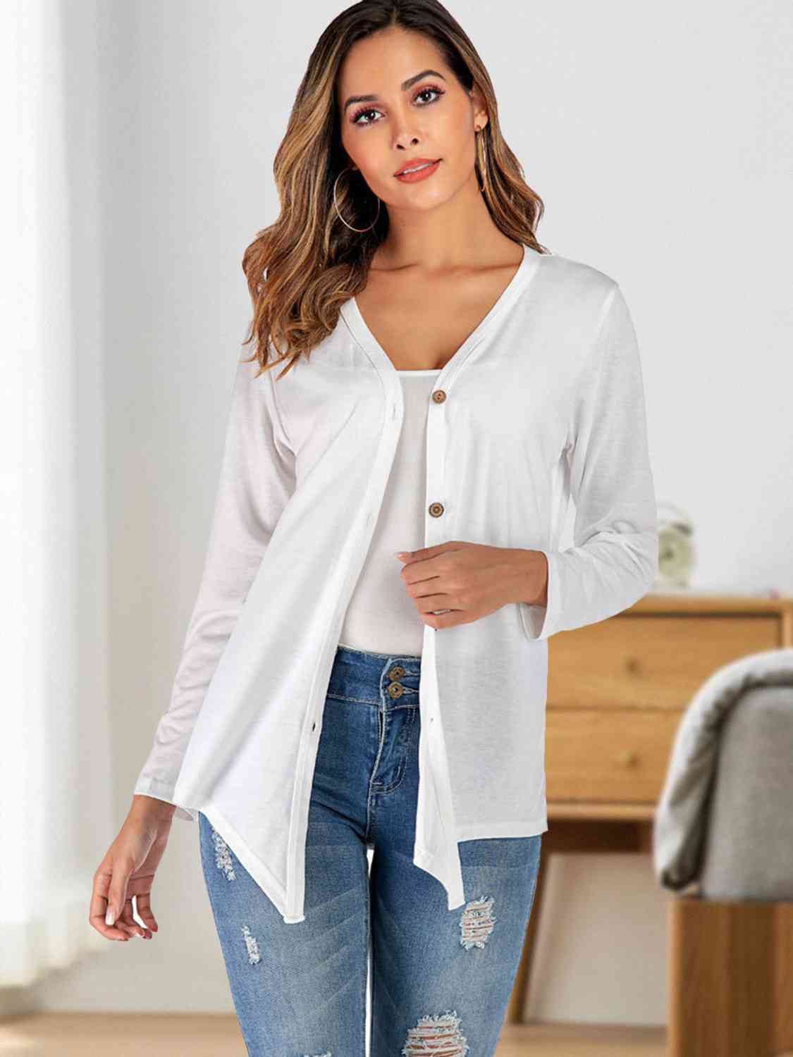 Button Up V-Neck Long Sleeve Cardigan - By Baano
