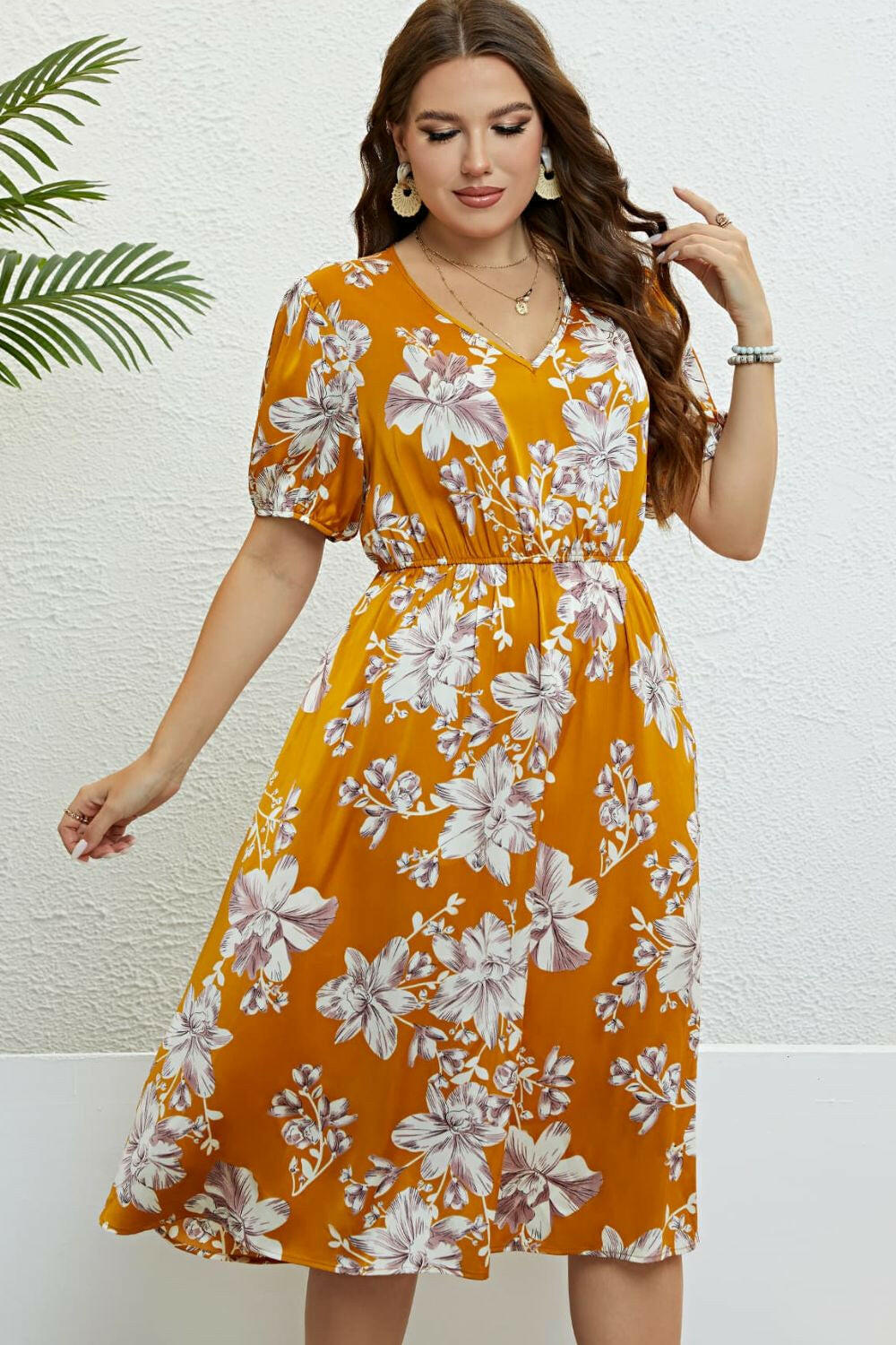 Floral V-Neck Puff Sleeve Dress - By Baano