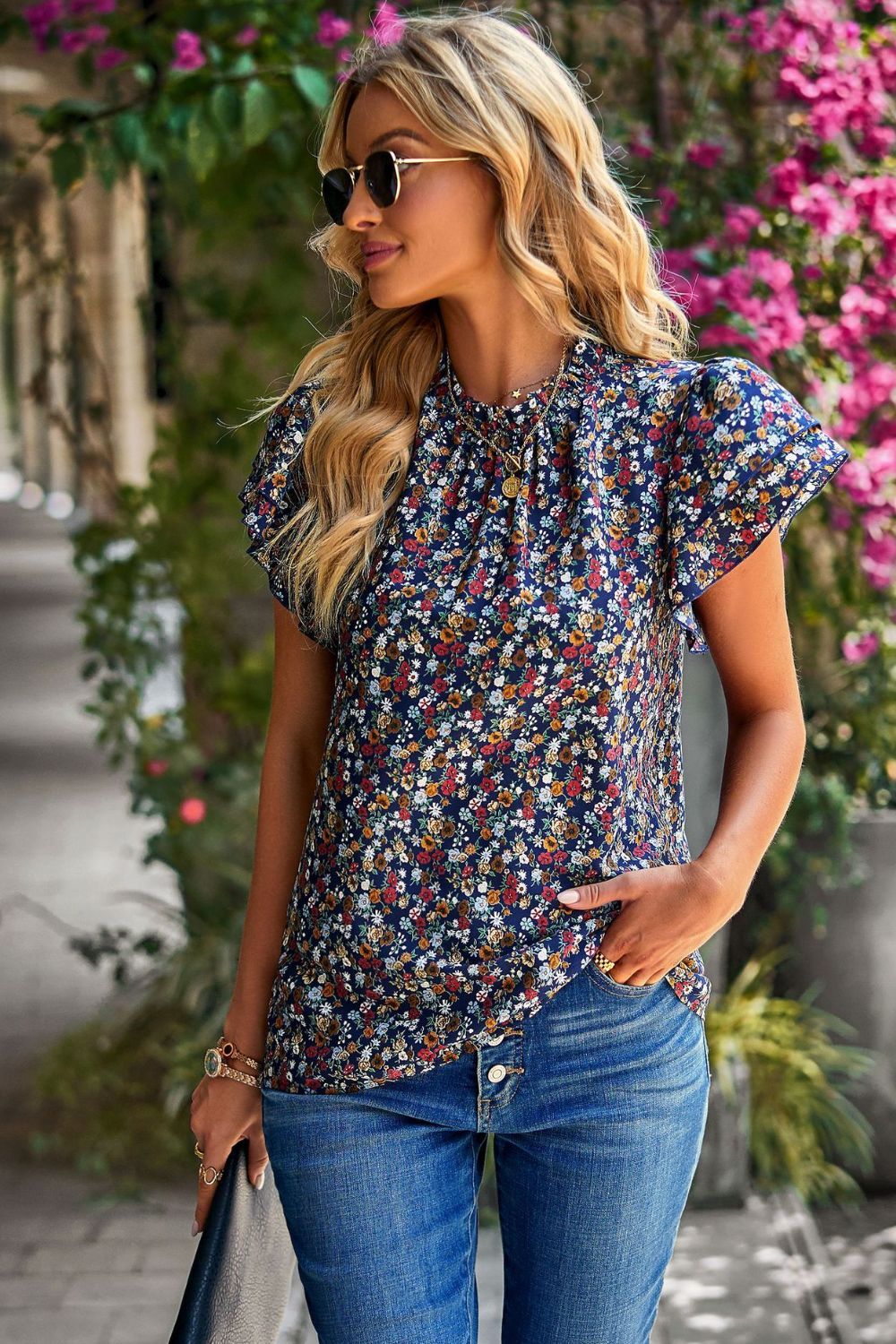 Floral Round Neck Flutter Sleeve Blouse - By Baano