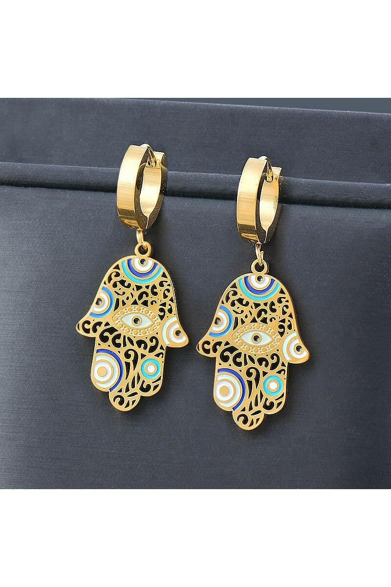 Stainless Steel Hand of Fatima Hamsa Drop Earrings For Women Evil Eye Jewelry Gold Color.