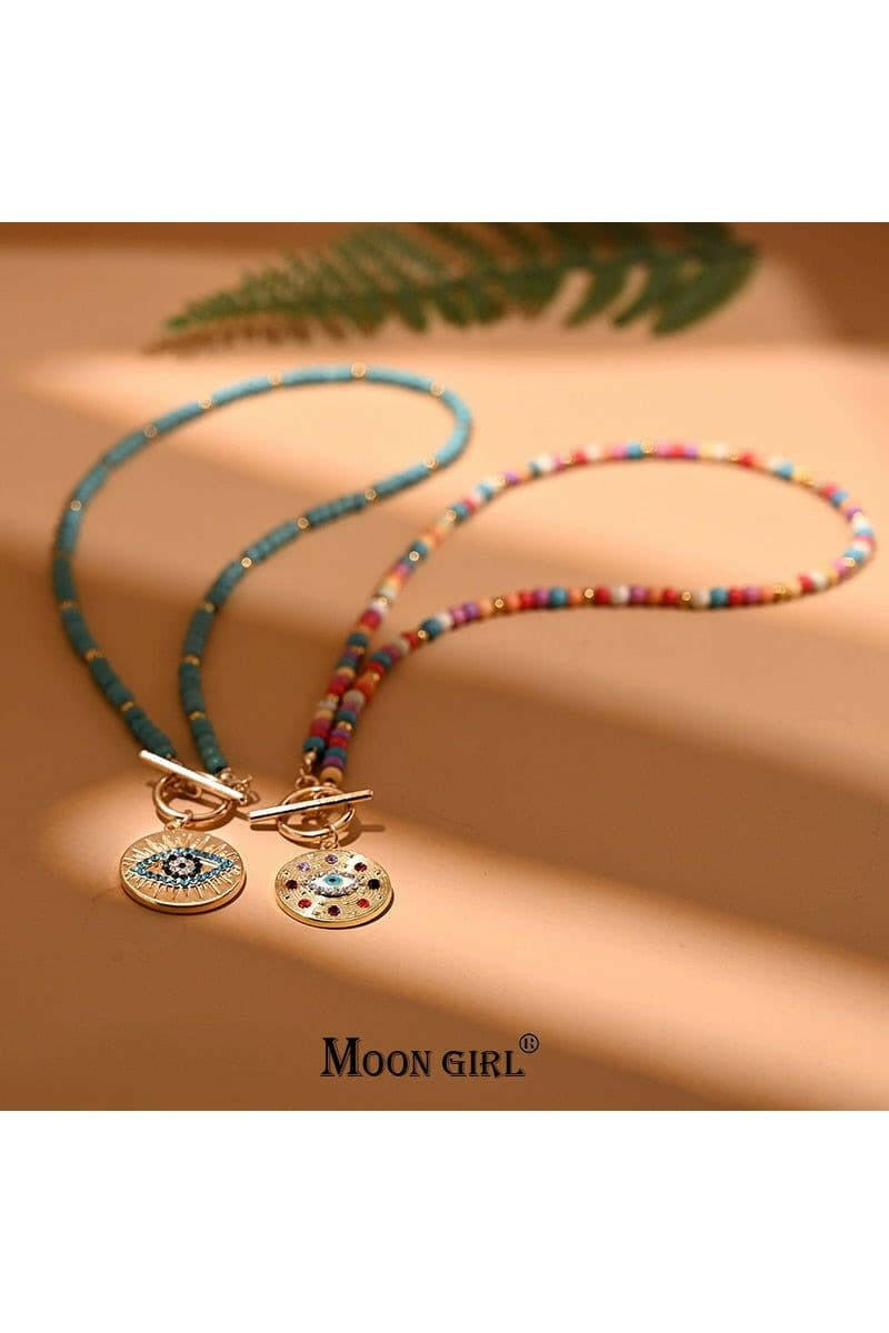4mm Colorful Stone Choker Necklace for Women Round Evil Charm Pendant Necklace.