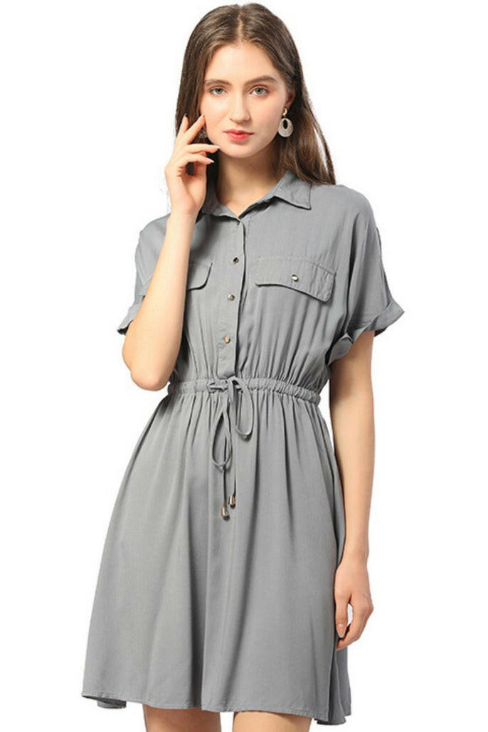 Half Button Drawstring Waist Short Sleeve Shirt Dress - By Baano