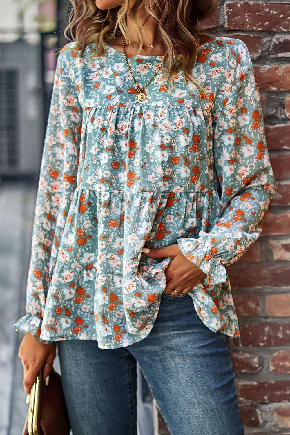 Floral Flounce Sleeve Tiered Blouse.