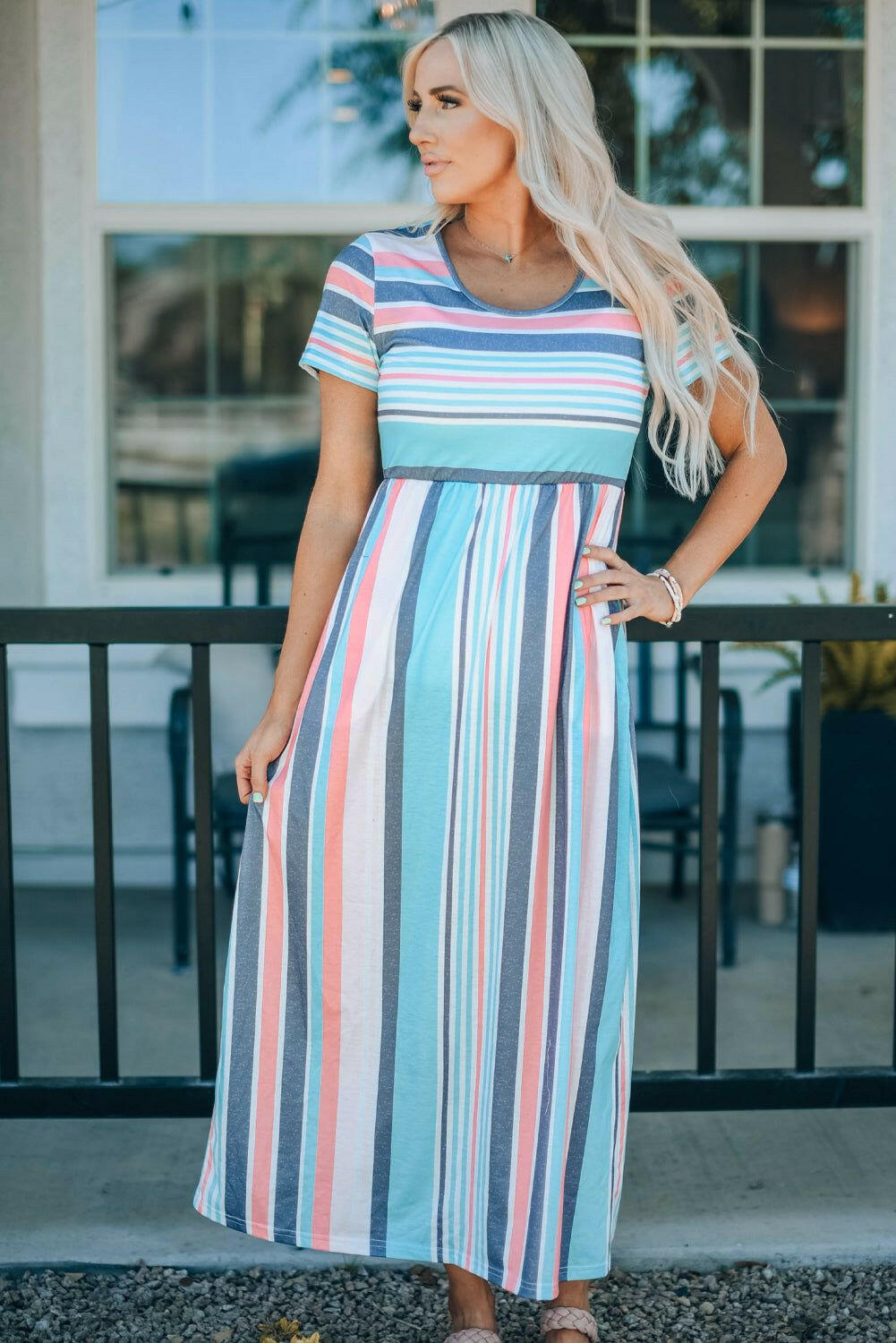 Striped Print High Waist Maxi Dress - By Baano