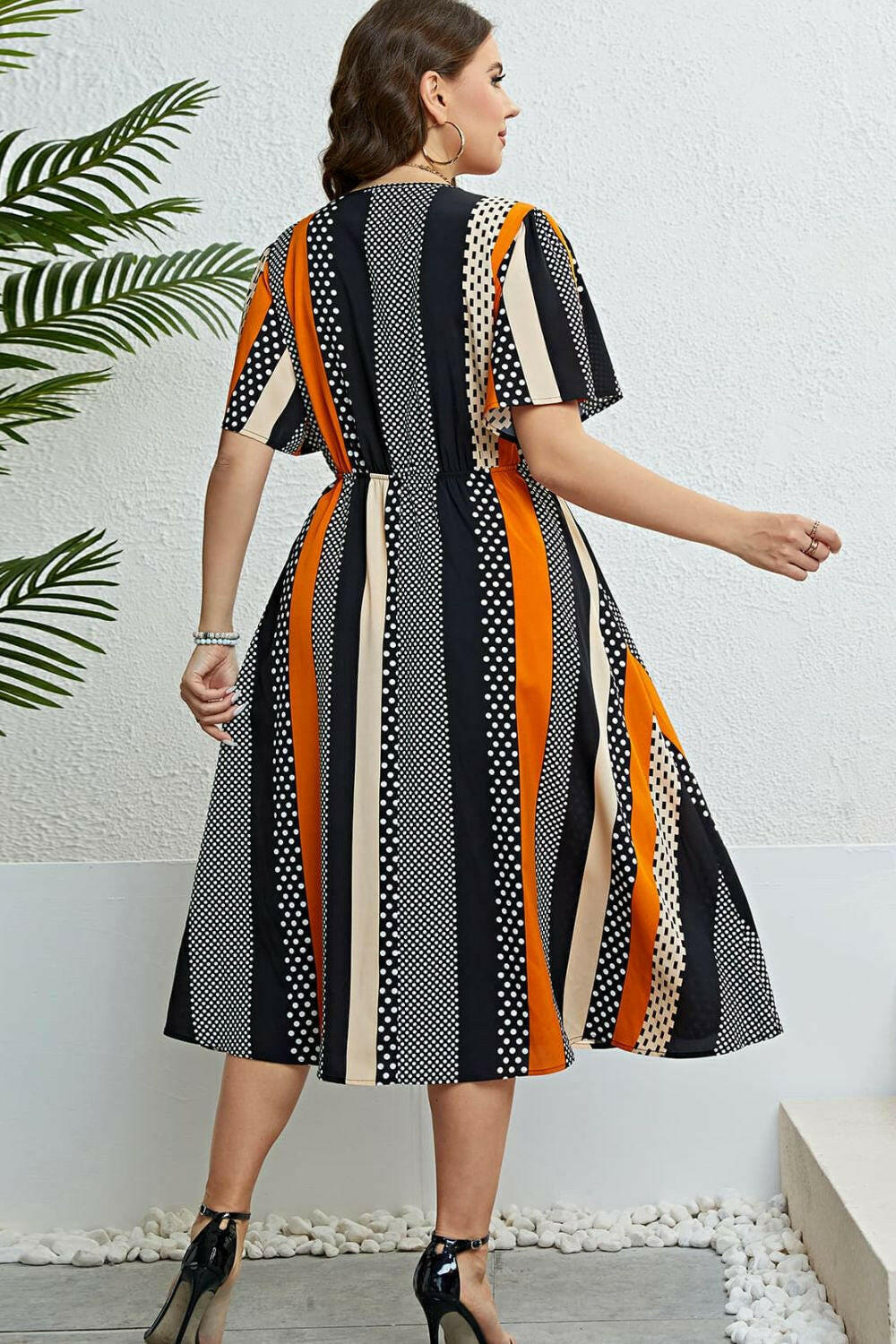 Mixed Print Striped Flutter Sleeve Dress.