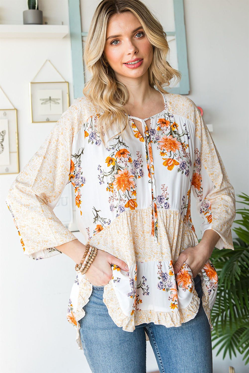 Floral Tie Neck Tiered Blouse - By Baano
