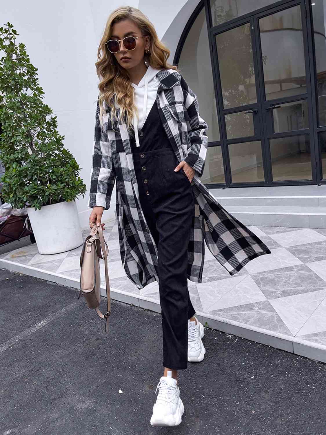 Plaid Collared Neck Slit Longline Coat - By Baano