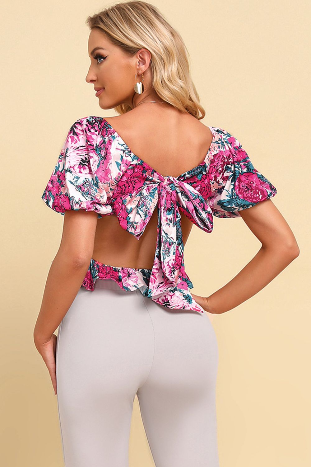 Floral Tied Cropped Peplum Blouse - By Baano